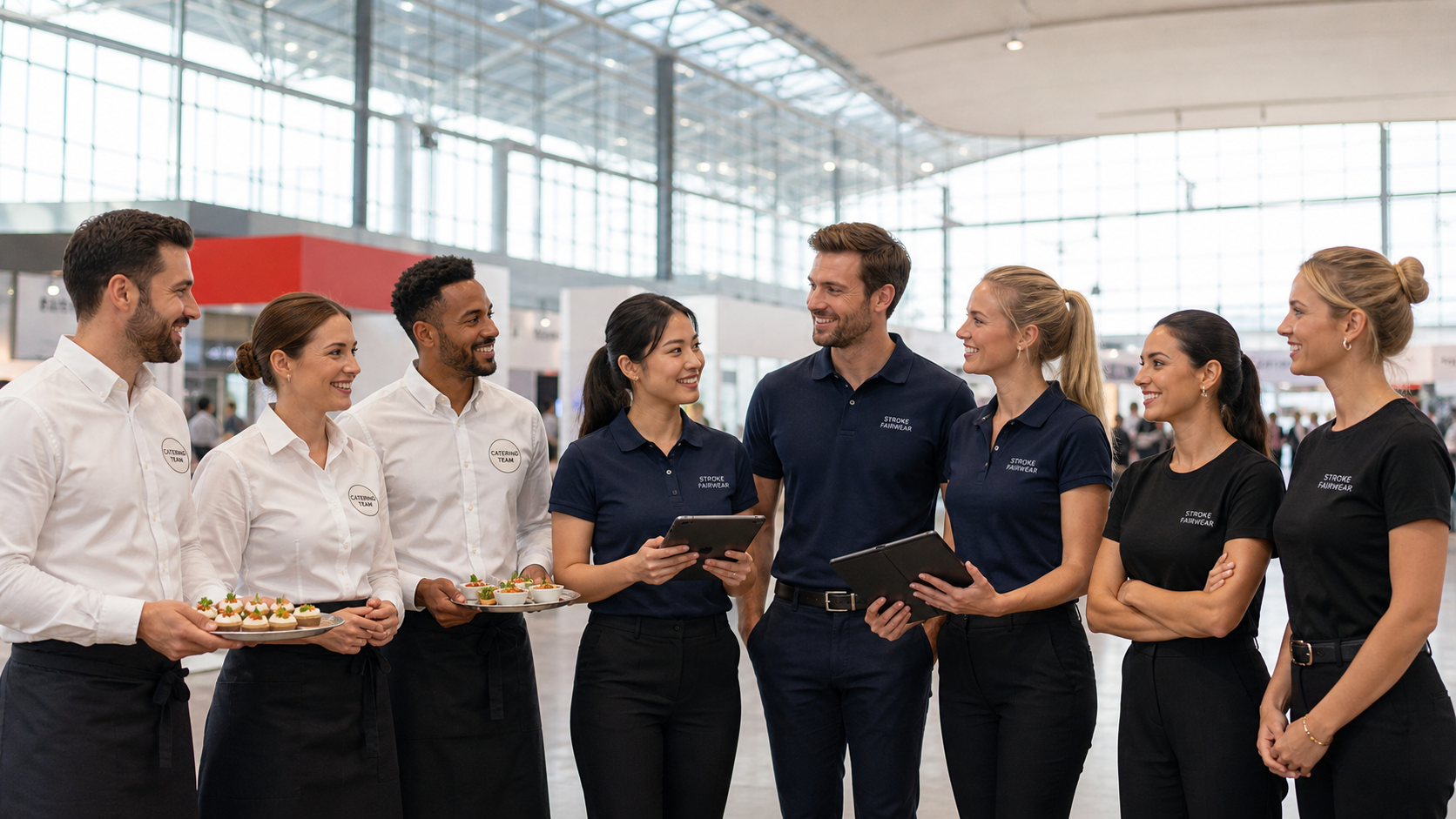 Professionelles Messeteam in einheitlicher STROKE Fairwear Kleidung